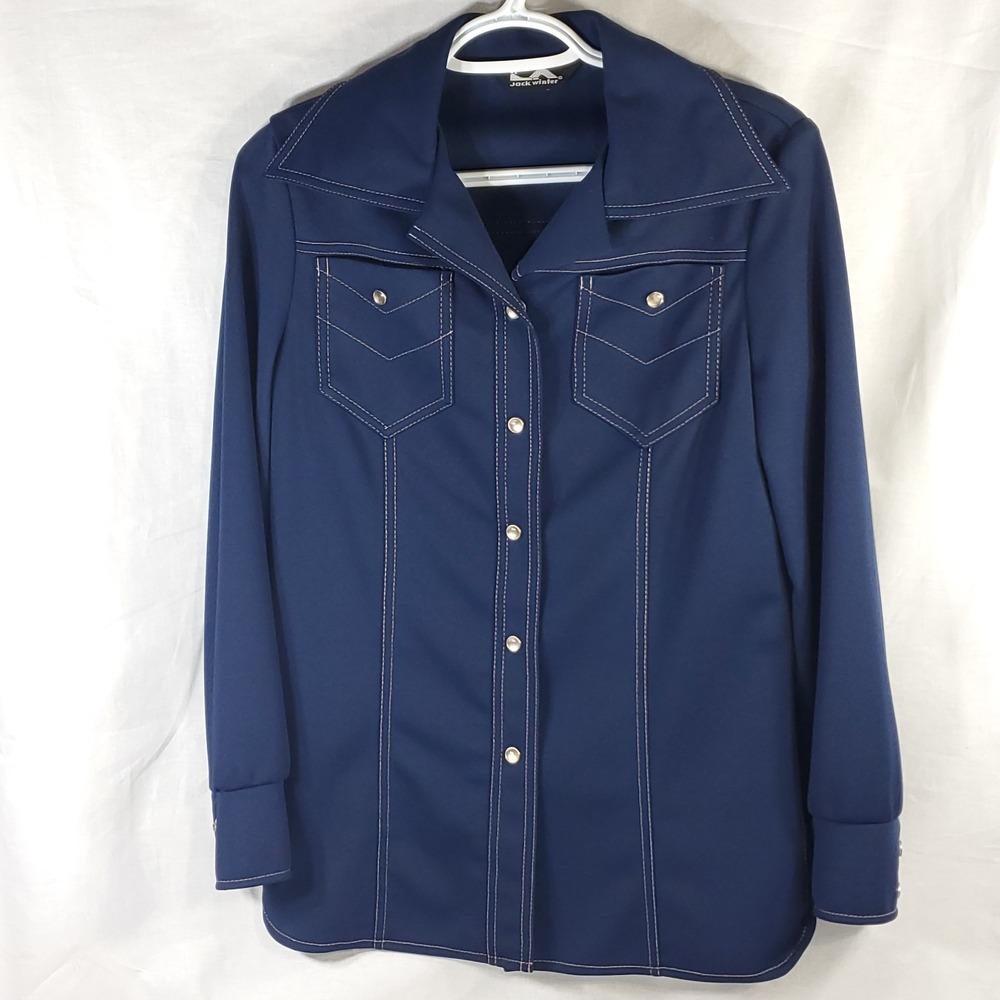 Vintage 70s Women's Blue Double Knit Pearl Snap Leisure Jacket Top Size 8